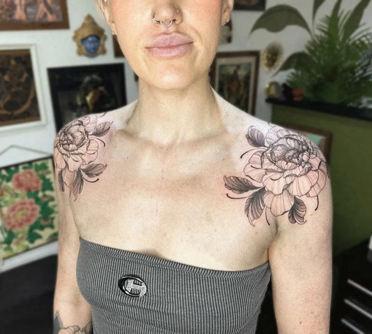 Big Black and Grey Peony Flowers Tattoo on Women Shoulder by @emi1yelizabeth