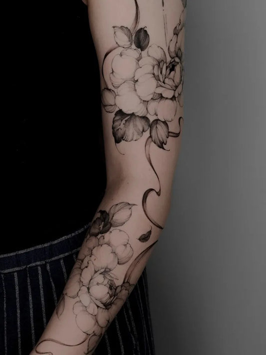 Big Black and Grey Peony Flowers on Women Arm Tattoo by @alexa.tattooink
