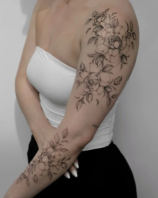 Big Black and Grey Peony Flowers on Women Arm Tattoo by @asya.tattoo
