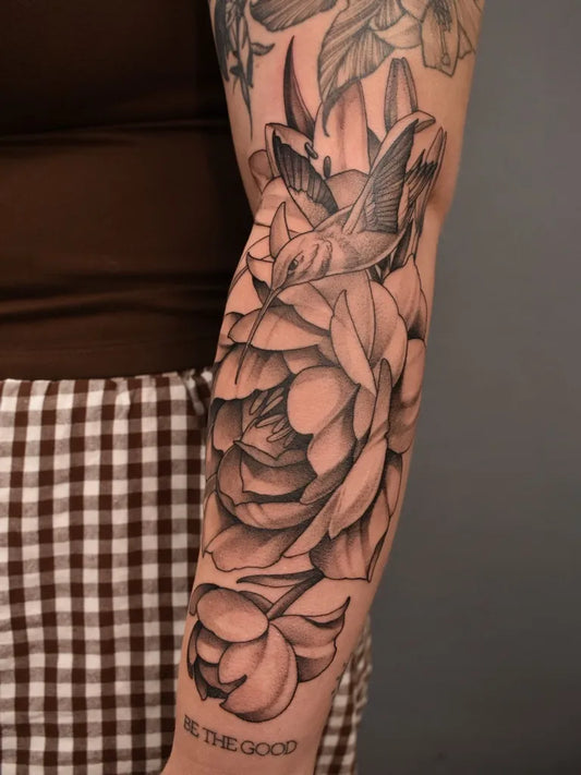 Big Black and Grey Peony Flowers on Women Arm Tattoo by @legend_eli