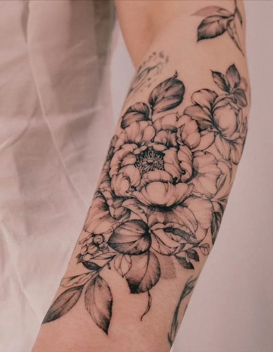 Big Black and Grey Peony Flowers on Women Arm Tattoo by @thisisheize