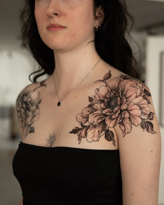Big Black and Grey Peony Flowers on Women Shoulder Tattoo by @scuwo.ttt