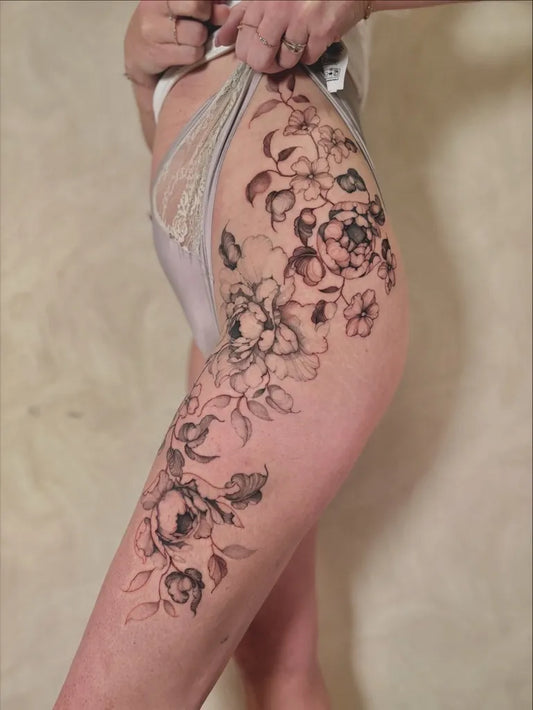 Big Black and Grey Peony Flowers on Women Thigh Tattoo by @emilybtattoos