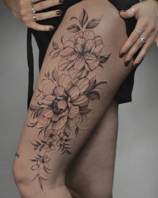 Big Black and Grey Peony Flowers on Women Thigh Tattoo by @gaiaelle_tattoo