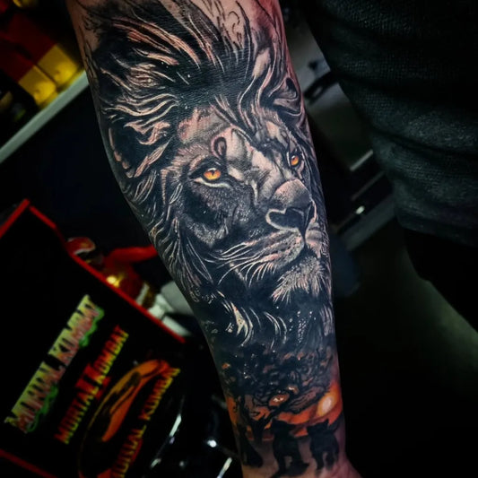 Big Black and Grey Photorealistic Lion Men Arm by @sam_hmtg