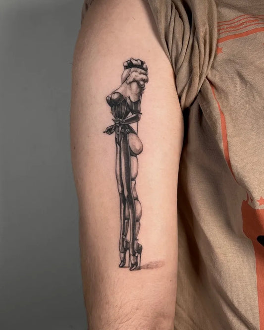 Big Black and Grey Pin Up Girl Tattoo on Men Arm by @dollydovetattoo