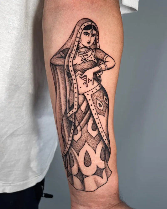 Big Black and Grey Pin Up Girl in Saree Tattoo on Men Arm by @jae_tatt