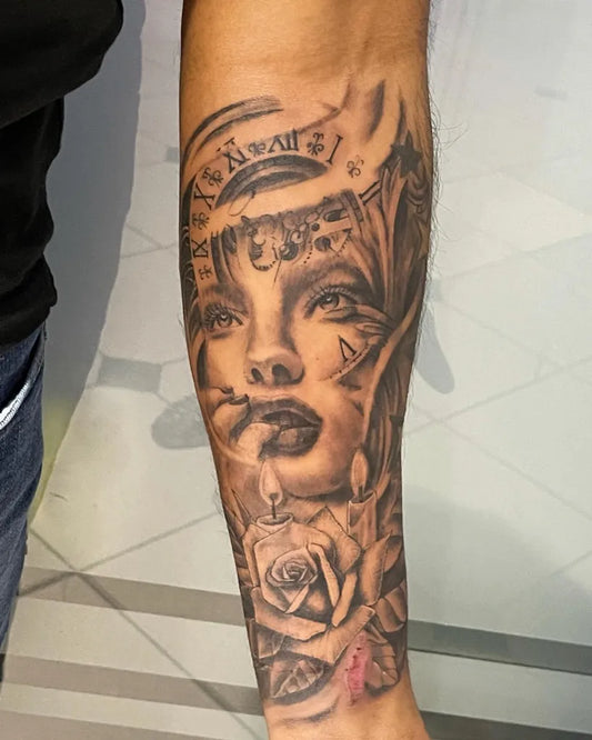 Big Black and Grey Pin Up Girl with Clock and Rose Tattoo on Men Arm by @tat2bymarlonm