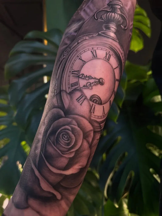Big Black and Grey Pocket Watch and Rose Tattoo on Men Arm by @gini.____