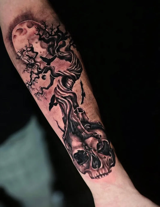 Big Black and Grey Poison Tree Skull Bats on Men Arm Tattoo by @gl_tattoos