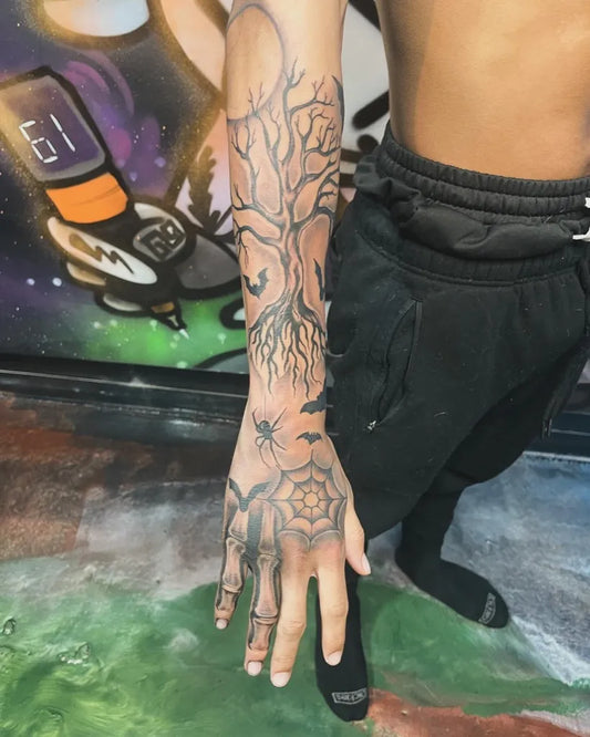 Big Black and Grey Poison Tree Spider Web on Men Arm Tattoo by @tattoosbygwalla