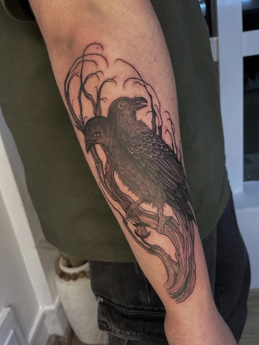 Big Black and Grey Poison Tree and Ravens on Men Arm Tattoo by @amandaink_