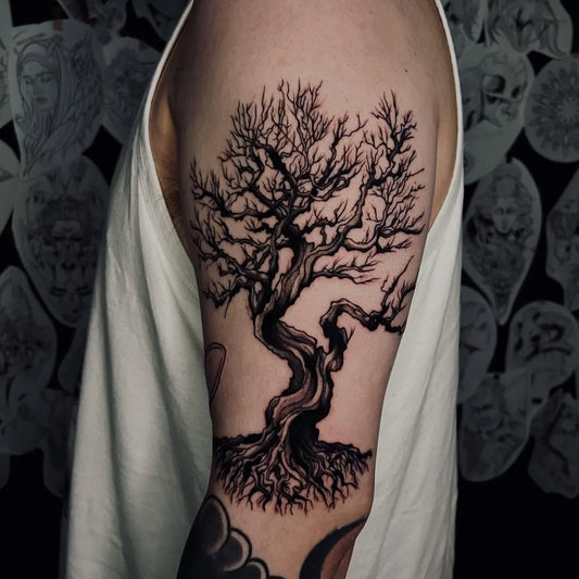 Big Black and Grey Poison Tree on Men Arm Tattoo by @95tattoo_