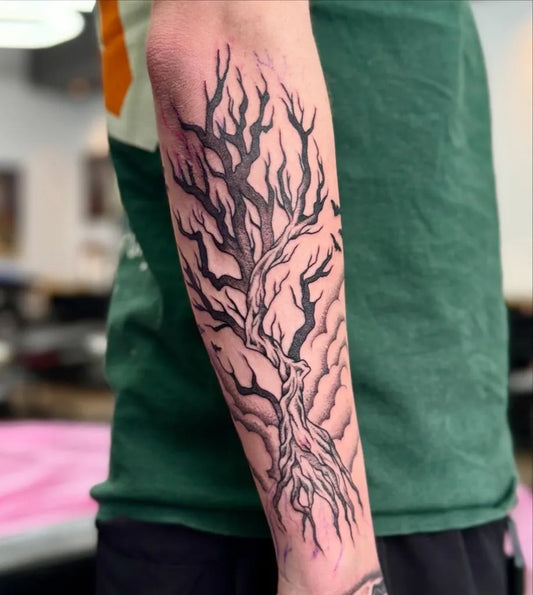 Big Black and Grey Poison Tree on Men Arm Tattoo by @chou.tattoos