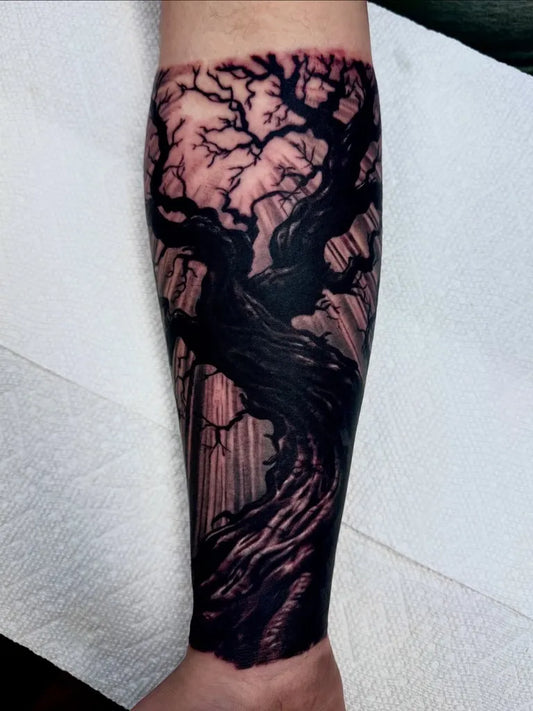 Big Black and Grey Poison Tree on Men Arm Tattoo by @doms_tattoos