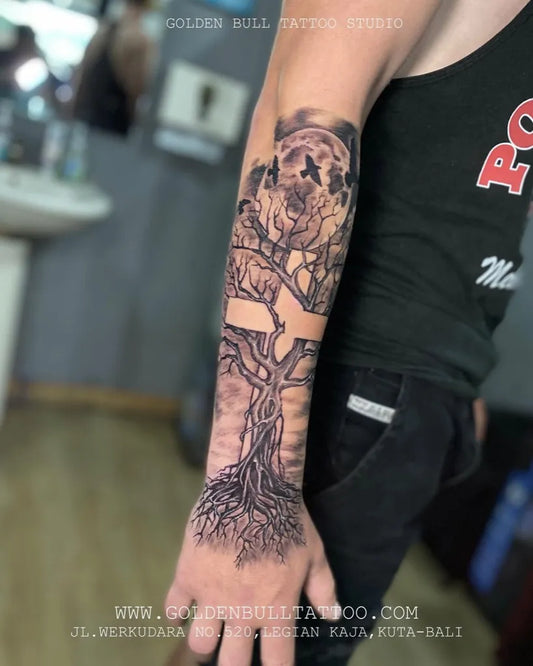 Big Black and Grey Poison Tree on Men Arm Tattoo by @goldenbullbalitattoo