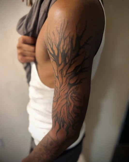 Big Black and Grey Poison Tree on Men Arm Tattoo by @raythetattooist