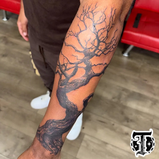 Big Black and Grey Poison Tree on Men Arm Tattoo by @tooloc.tattoos