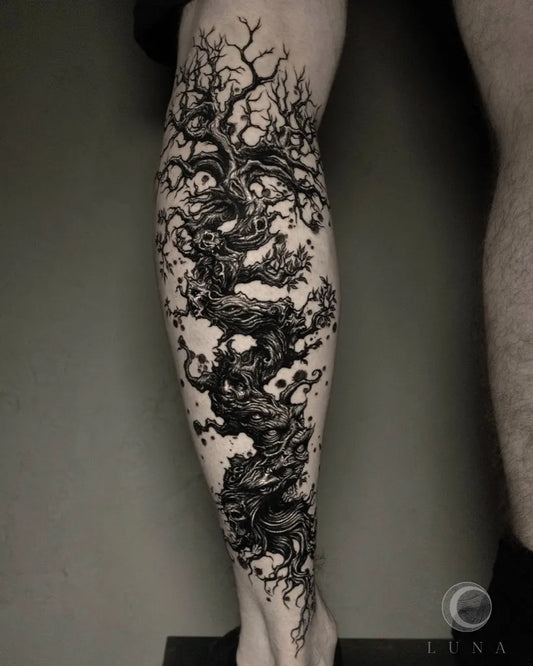 Big Black and Grey Poison Tree on Men Leg Tattoo by @luna_tattoo__
