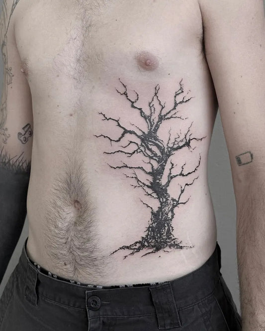 Big Black and Grey Poison Tree on Men Side Tattoo by @inkofahma