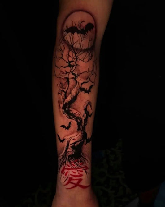Big Black and Grey Poison Tree with Bats and Moon on Men Arm Tattoo by @inkedbybriii