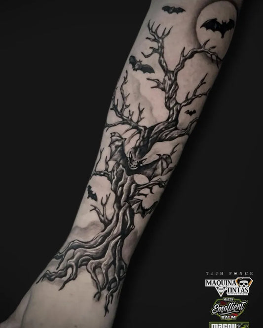 Big Black and Grey Poison Tree with Bats and Moon on Men Arm Tattoo by @tajhponce