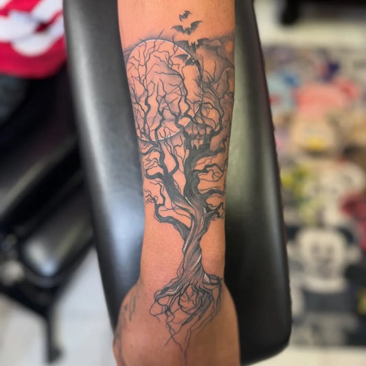 Big Black and Grey Poison Tree with Bats on Men Arm Tattoo by @immersiveink
