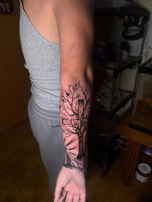 Big Black and Grey Poison Tree with Bird on Men Arm Tattoo by @k.dottats