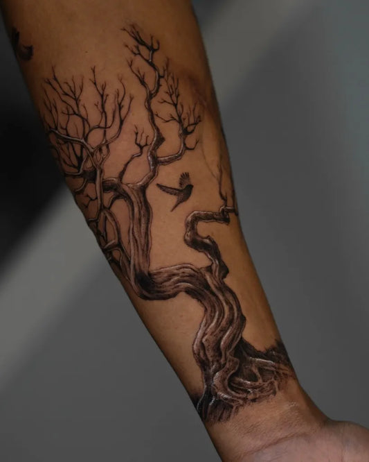 Big Black and Grey Poison Tree with Bird on Men Arm Tattoo by @koko_m30