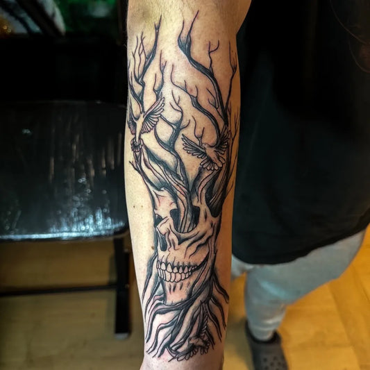 Big Black and Grey Poison Tree with Birds and Skull on Men Arm Tattoo by @cooperchristietattoos