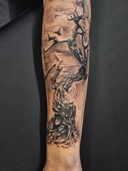 Big Black and Grey Poison Tree with Birds on Men Arm Tattoo by @heathmorrell