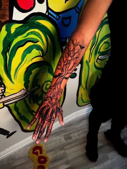 Big Black and Grey Poison Tree with Birds on Women Arm Tattoo by @inkedbybg