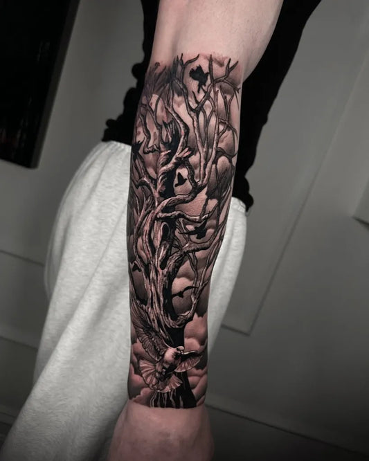 Big Black and Grey Poison Tree with Branches and Flowers on Men Arm Tattoo by @willybtattoos