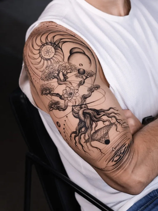 Big Black and Grey Poison Tree with Cosmic Elements on Men Arm Tattoo by @ulassyesilyurt
