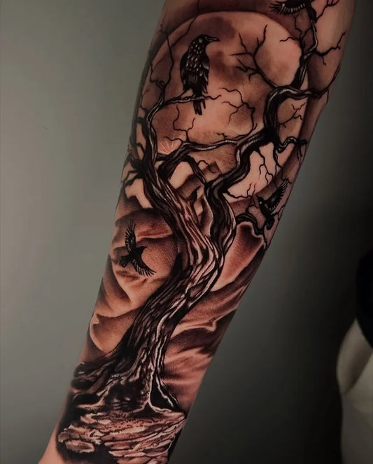 Big Black and Grey Poison Tree with Crows and Moon on Men Arm Tattoo by @izyinks_