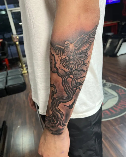 Big Black and Grey Poison Tree with Dove and Branches on Men Arm Tattoo by @jaydatattman