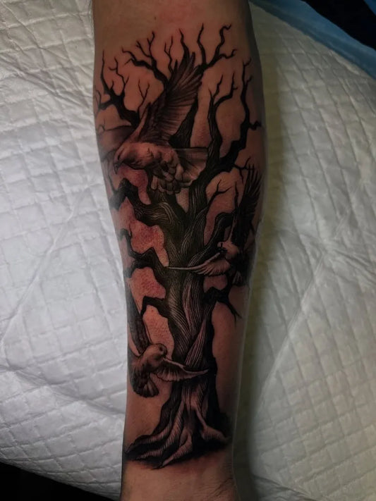 Big Black and Grey Poison Tree with Eagle and Wolf on Men Arm Tattoo by @real_artbee