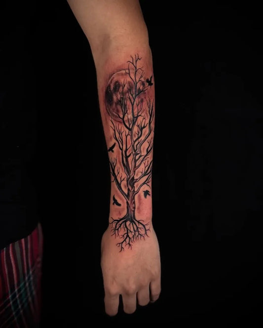 Big Black and Grey Poison Tree with Moon and Birds on Men Arm Tattoo by @screwhead_inkz