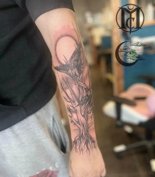 Big Black and Grey Poison Tree with Phoenix and Moon on Men Arm Tattoo by @sophielindleytattoos
