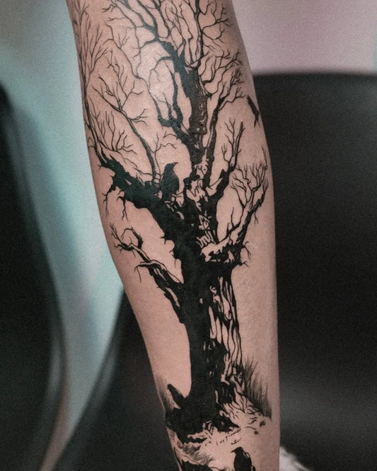Big Black and Grey Poison Tree with Raven on Men Arm Tattoo by @tattoo.create