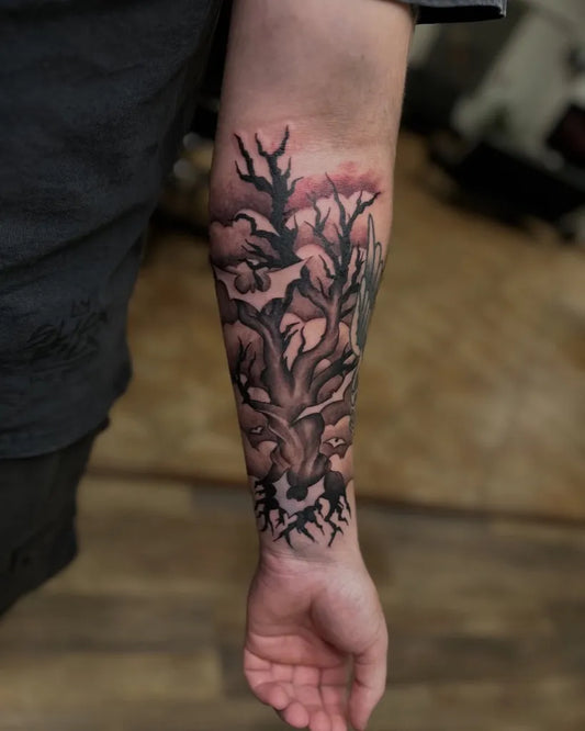 Big Black and Grey Poison Tree with Roots and Branches on Men Arm Tattoo by @skunxinx