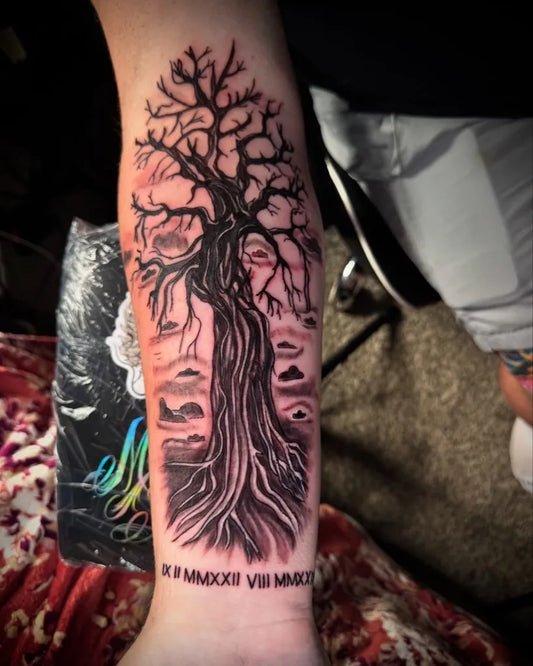 Big Black and Grey Poison Tree with Roots and Sky on Men Arm Tattoo by @tatts_by_ceecee
