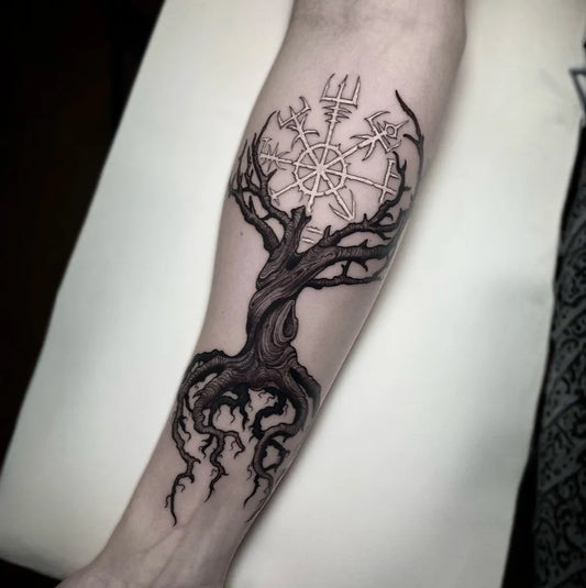 Big Black and Grey Poison Tree with Vegvisir on Men Arm Tattoo by @joshhurrelltattoos