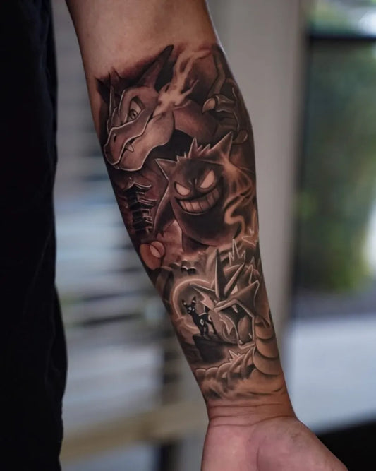 Big Black and Grey Pokemon Haunter Gengar Tattoo on Men Arm by @tattoosbysophollie