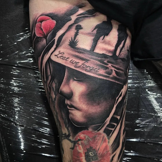 Big Black and Grey Portrait Silhouette Poppy Military Tattoo on Men Thigh by @novacuztom_tattoo