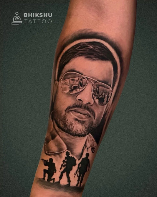 Big Black and Grey Portrait and Soldiers Military Tattoo on Men Arm by @bhikshu_tattoo