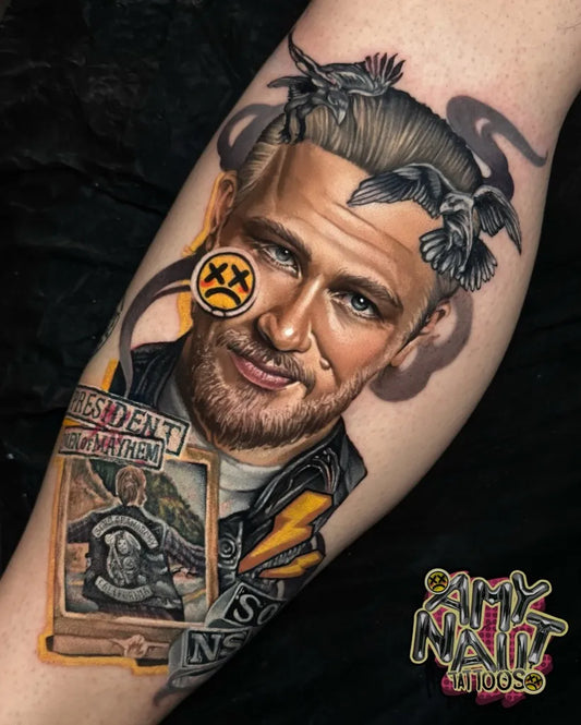 Big Black and Grey Portrait with Birds and Patch Tattoo on Men Arm by @amynauttattoos