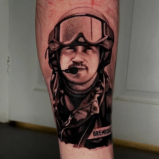 Big Black and Grey Portrait with Helmet Military Tattoo on Men Leg by @tommyttattoo