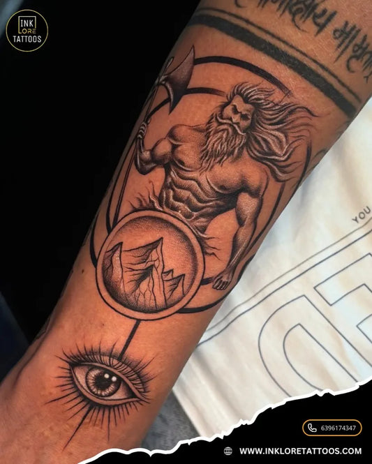 Big Black and Grey Poseidon with Mountains and Eye Spiritual Tattoo on Men Arm by @inkloretattoosglobal