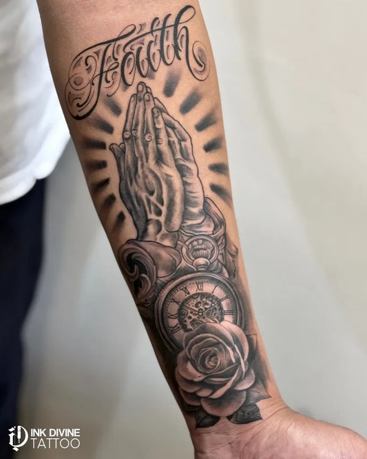 Big Black and Grey Praying Hands Clock Rose Tattoo on Men Arm by @ink_divine_tattoo